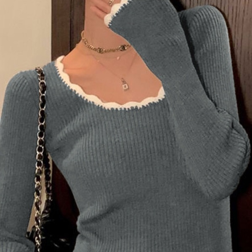 Ribbed Sweater with Scalloped Neckline